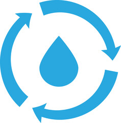 Blue water droplet with circular arrows symbolizes the water cycle.