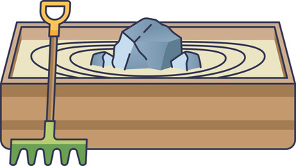 A Zen garden with rocks and a rake symbolizes tranquility and meditation.