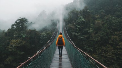 Fototapeta premium Distant Traveler on a Long Bridge in Foggy Landscape