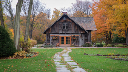 Obraz premium A charming barn with a cozy interior, perfect for a Thanksgiving family gathering and celebration.A charming barn with a cozy interior, perfect for a Thanksgiving family gathering and celebration.