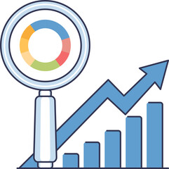 Magnifying glass and graph symbolize data analysis and growth.