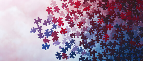 Abstract Puzzle Pieces Scattered on a White Background   Red, Blue, and Purple Colors, Bl