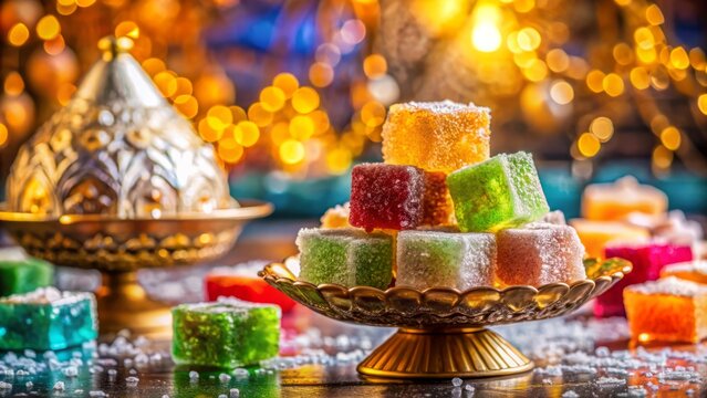 Captivating Display of Oriental Sweets Featuring Navat Crystal Sugar in a Beautifully Arranged Composition Highlighting Texture and Color in a Rule of Thirds Layout