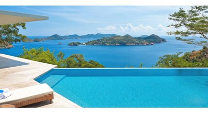 A luxurious villa with an infinity pool overlooking a scenic coastal landscape.