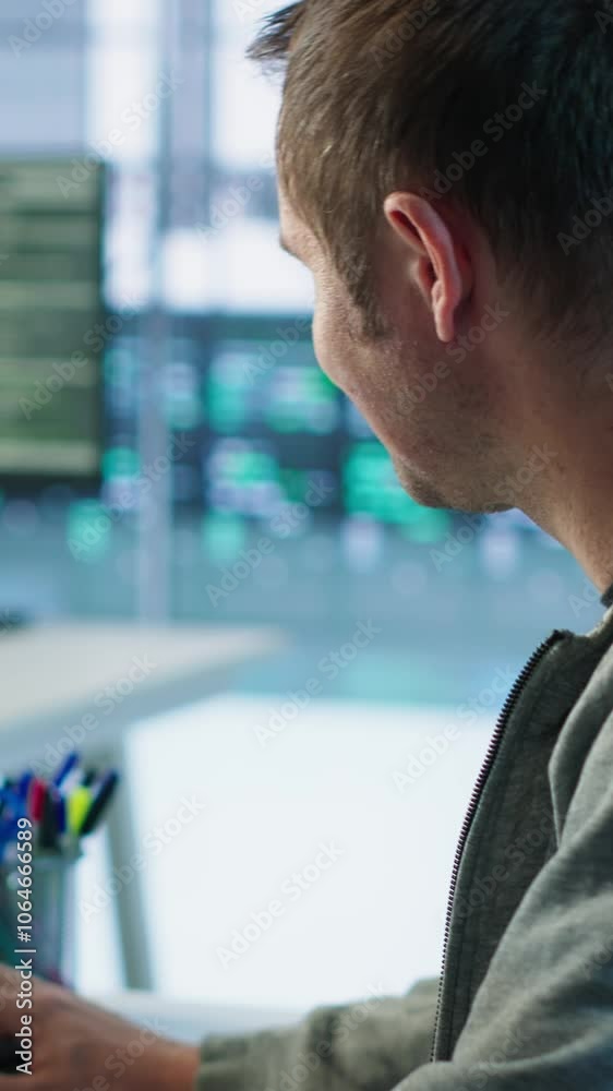 Poster system administrator in server room doing system analysis, coding supercomputers. specialist working