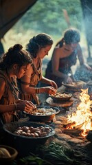 Fototapeta premium Women Preparing Food in the Stone Age Setting