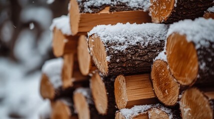 Snow-dusted firewood logs in a winter forest setting