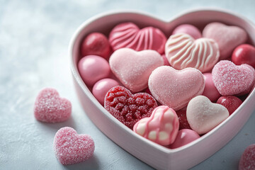 Obraz premium Box of sweets in the shape of a heart on the white table. Celebrating Valentine's Day, Mother's Day, International Women's Day. Generated by artificial intelligence
