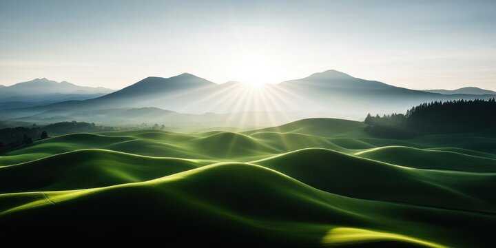Serene sunrise over lush rolling hills and mountains
