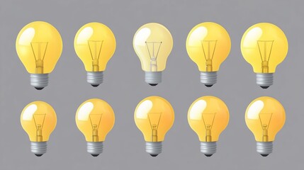 A collection of yellow light bulbs arranged in a grid against a gray background illustrating diverse designs and styles