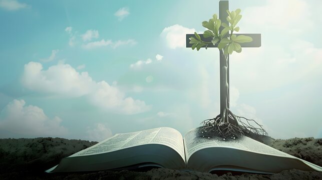 The cross, deeply rooted in an open Bible. Faith, growth,depth, nourishment, power of faith, foundation,hope, peace, salvation, religious publications, inspirational artwork,meditation