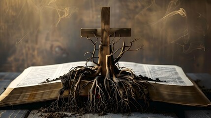 The cross, deeply rooted in an open Bible. Faith, growth,depth, nourishment, power of faith, foundation,hope, peace, salvation, religious publications, inspirational artwork,meditation