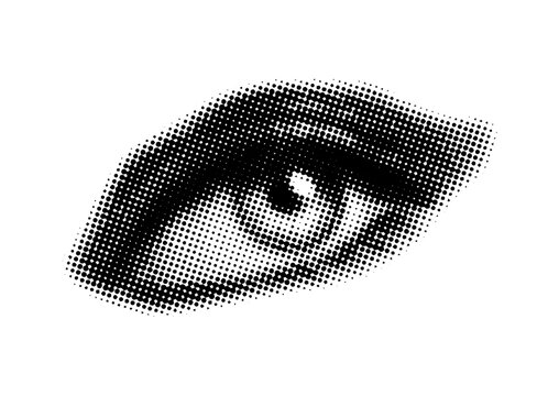 Woman  eye  in halftone texture, dotted pop art style,retro halftone collage element