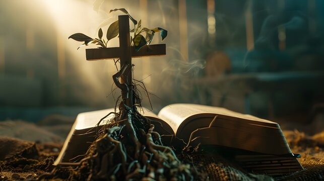 The cross, deeply rooted in an open Bible. Faith, growth,depth, nourishment, power of faith, foundation,hope, peace, salvation, religious publications, inspirational artwork,meditation