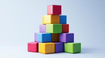 Obraz premium Colorful building blocks arranged in a pyramid shape on a light blue background, showcasing creativity and playfulness