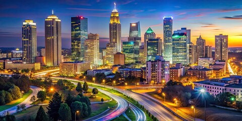 Fototapeta premium Downtown Atlanta skyline illuminated at night with colorful lights , Atlanta, Georgia, urban, cityscape, architecture