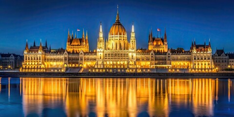 Obraz premium Night view of Budapest parliament with lights reflecting on the Danube River from the Buda coast