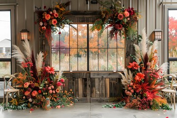 Rustic Autumn Floral Display for Event Decor with Window Backdrop