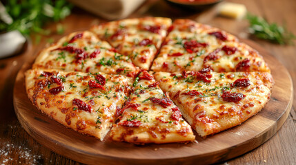 Delicious cheese pizza with sun-dried tomatoes and herbs on wooden serving board