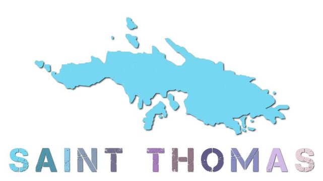 Saint Thomas map with paper regions. Animated island map growing from regions and title letters falling down. Artistic 4K animation.