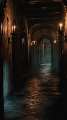 Obraz premium Mysterious Dark Hallway with Flickering Lights