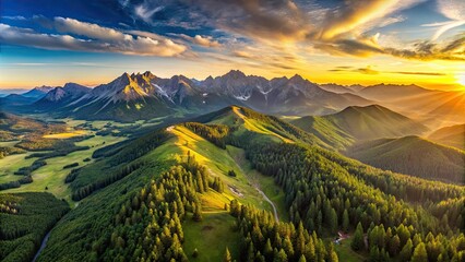Panoramic aerial view of Rohace Mountains at sunset in Western Tatras, Slovakia, mountains, aerial view