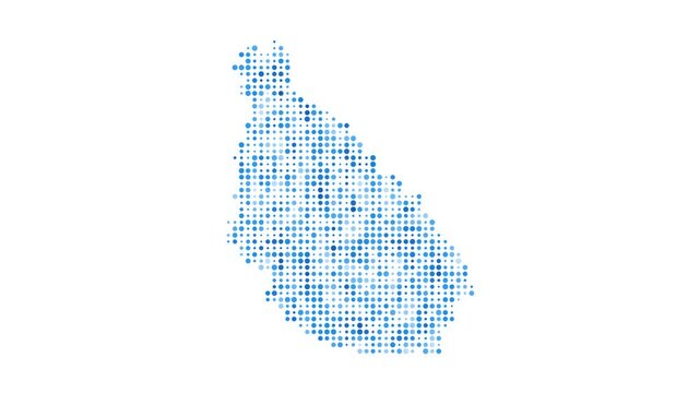 Santiago Island dotted digital map. Map of Santiago Island with pulsating colored circles. Shape filled with blue disks. Authentic video.