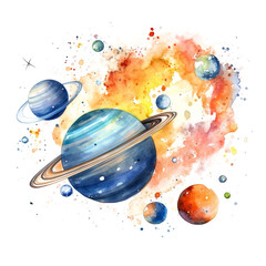 Planets in watercolor, png space, stars in the universe, solar system on transparent and white background