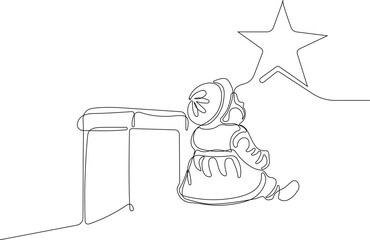 Outlined Cute Santa Claus Cartoon Character With A Sack Full Of Gifts. Vector Hand Drawn Illustration. One continuous line drawing Santa Claus on reindeer and sled. concept for Christmas and New Year