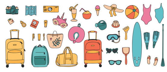 Summer outline icon Set. Beach accessories vectors icons for web.Items for travel and summer holidays Tropical vacation. Vector 