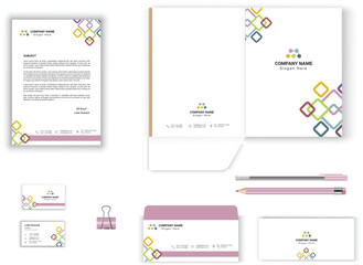 stationery set for business office vector design with letterhead, envelope, presentation folder, business card geometrical design stationary set