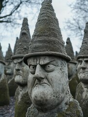 Obraz premium A collection of stone sculptures resembling stern-faced figures with pointed hats.