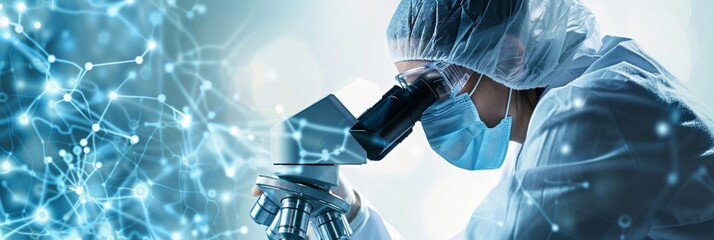 A scientist wearing a face mask and a lab coat looks into a microscope, with a blue and white neural network in the background. AI generative. .