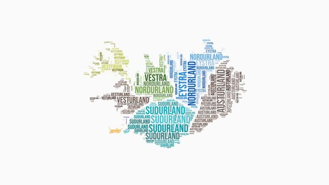 Iceland regions word cloud animation. Country logo animated video. Iceland colored text cloud. Regions typography style motion graphics. Trending video.