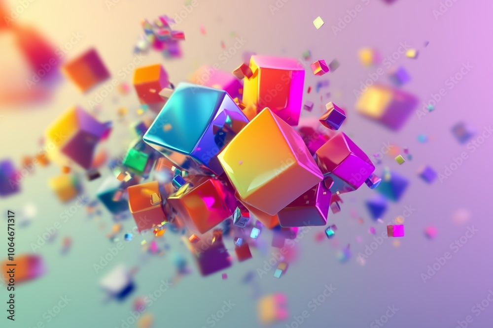 Poster vibrant abstract composition of colorful cubes floating in a dreamy background, creating a mesmerizi