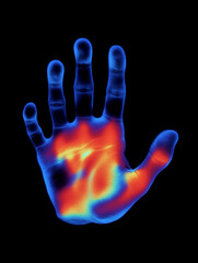 infrared thermographic hand. thermal handprint isolated. hand heat map. hand digital scanner. thermal hand. palm heat map. hand thermal map. Digital identification. Isolated.