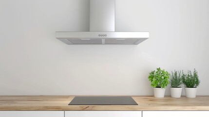 Modern kitchen with induction hob and extractor hood above wooden countertop