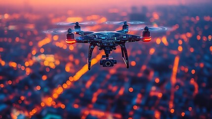 Drone patrolling smart city with holographic displays scanning for threats and securing data in an advanced urban cyber environment