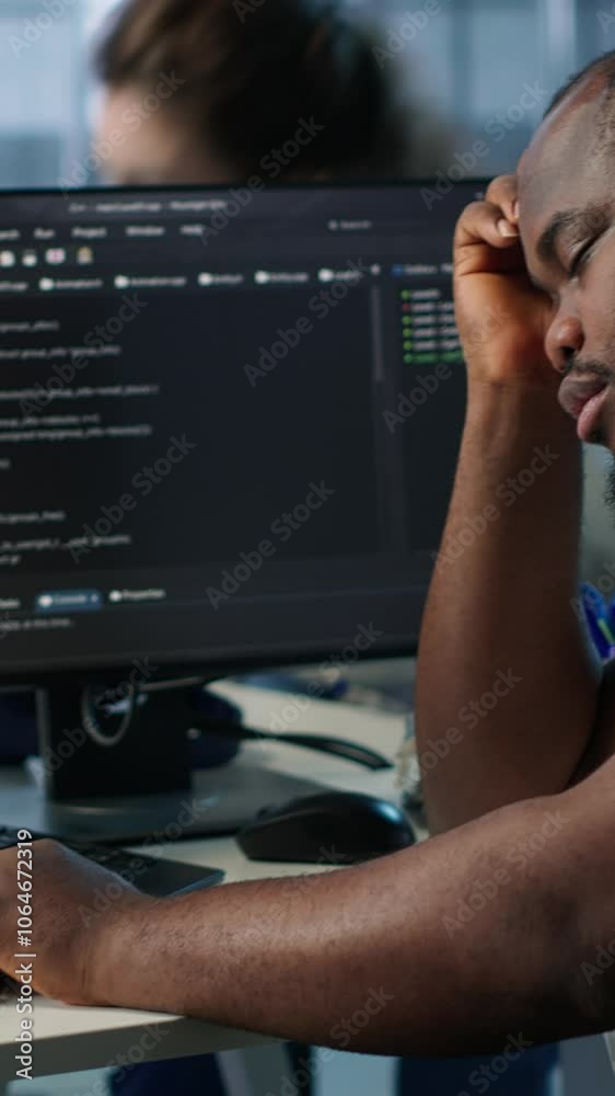 Poster overworked engineer falling asleep while typing on computer in server hub, monitoring data center en