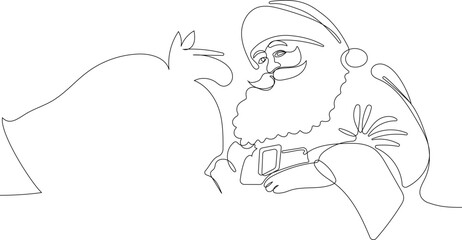 Outlined Cute Santa Claus Cartoon Character With A Sack Full Of Gifts. Vector Hand Drawn Illustration. One continuous line drawing Santa Claus on reindeer and sled. concept for Christmas and New Year