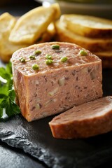 Gourmet meat terrine with green peppercorns and potato slices on slate board National pate Day