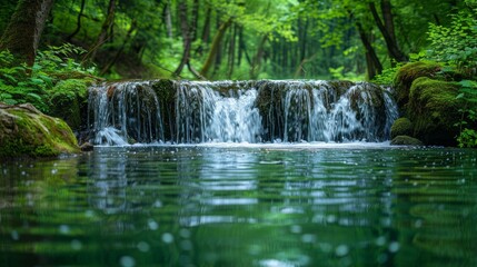 Obraz premium A cascading waterfall flows into a still pool, surrounded by lush greenery. AI generative. .