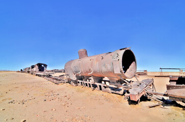 The train cemetery on  Salar de Uyuni or salt desert of Uyuni, Bolivia, South America