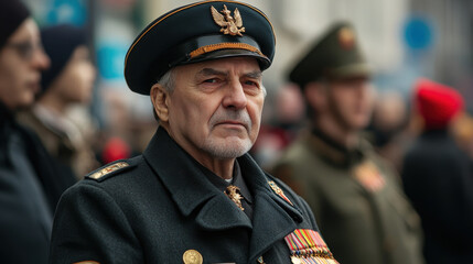 Elderly military officer in uniform observing parade on veterans day. Armistice Day (Martinique)