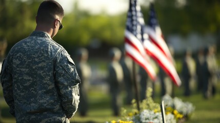 Fototapeta premium Military tribute at memorial ceremony with american flags in background. Armistice Day (Martinique)