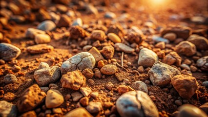 Fototapeta premium Close-Up Minimalist Photography of Dry Soil Featuring Small Rocks and Pebbles, Highlighting the Rough and Uneven Texture of Nature's Elements in a Serene Landscape