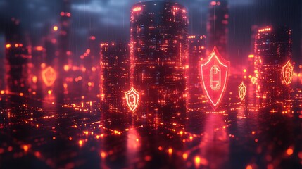 Obraz premium Digital visualization of protected national cyber infrastructure with glowing networks representing governmentlevel data protection
