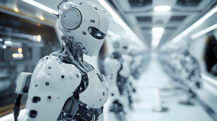 Fototapeta premium Robotic Exoskeleton Production Line Crafting Seamless Human Machine Mobility Aids