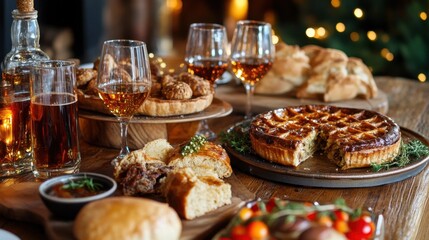Festive holiday meal with pies, pastries, and wine for christmas gatherings and celebrations First-Foot Day