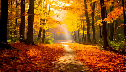 A beautiful path in the autumn sunny forest, on the path autumn leaves